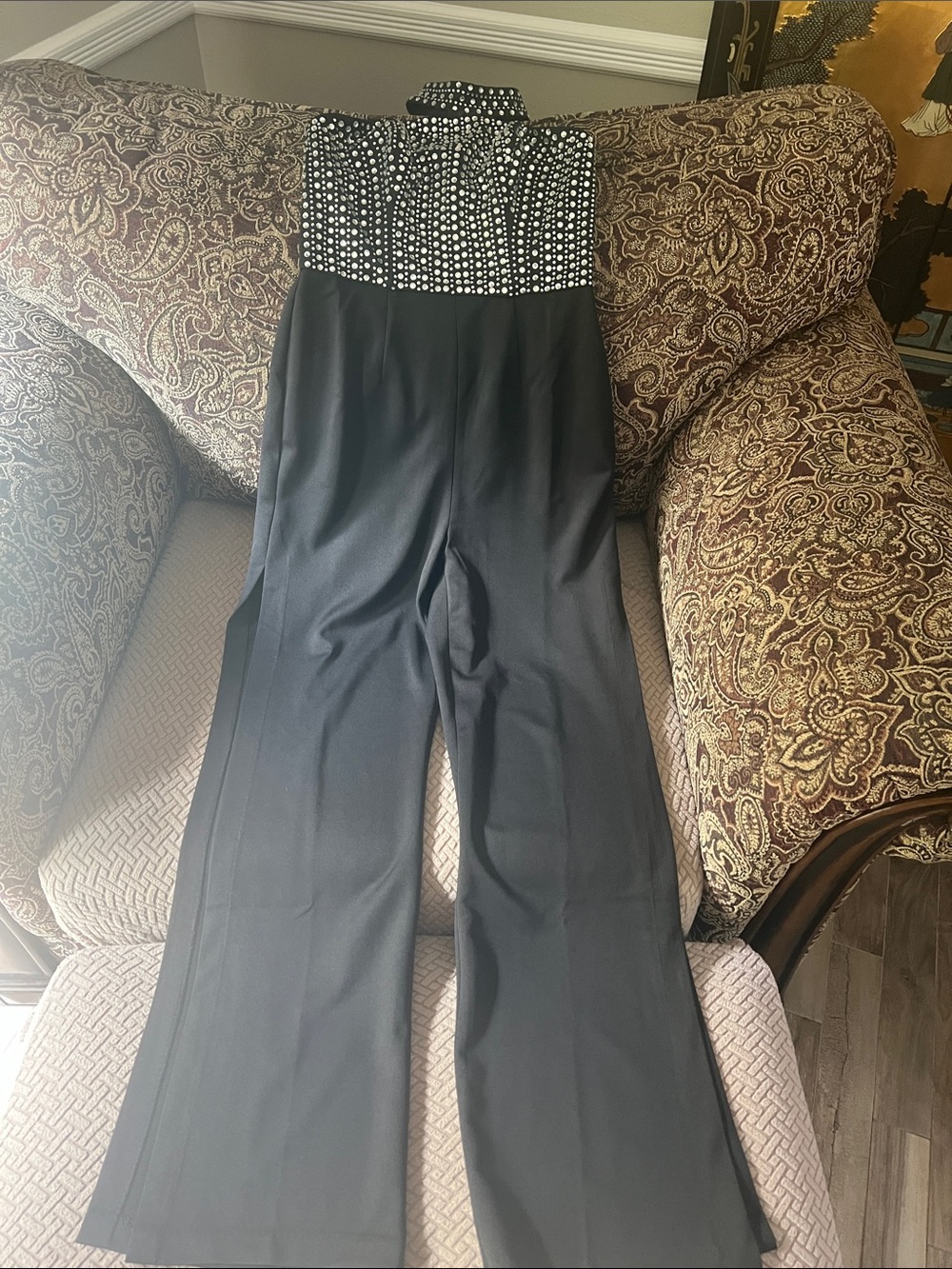 NWOT High-Waist Black Wide-Leg Jumpsuit with rhinestone Bodice. Pant side slits